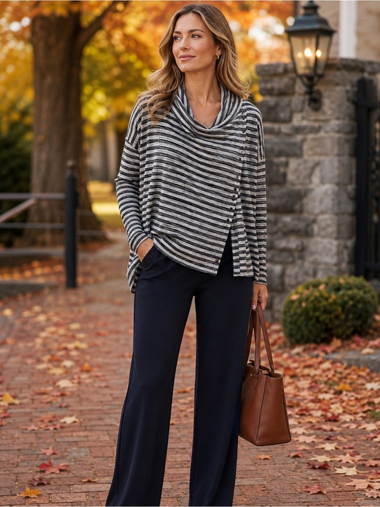 Eddie Bauer Sweaters - Eddie Bauer 2XL Striped Convertible Snap Cardigan Top Gray Black Cowl Neck Plus